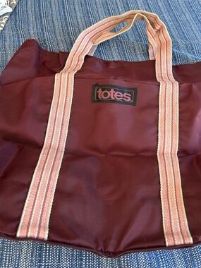 totes Maroon Tote with Pink-Striped Handles